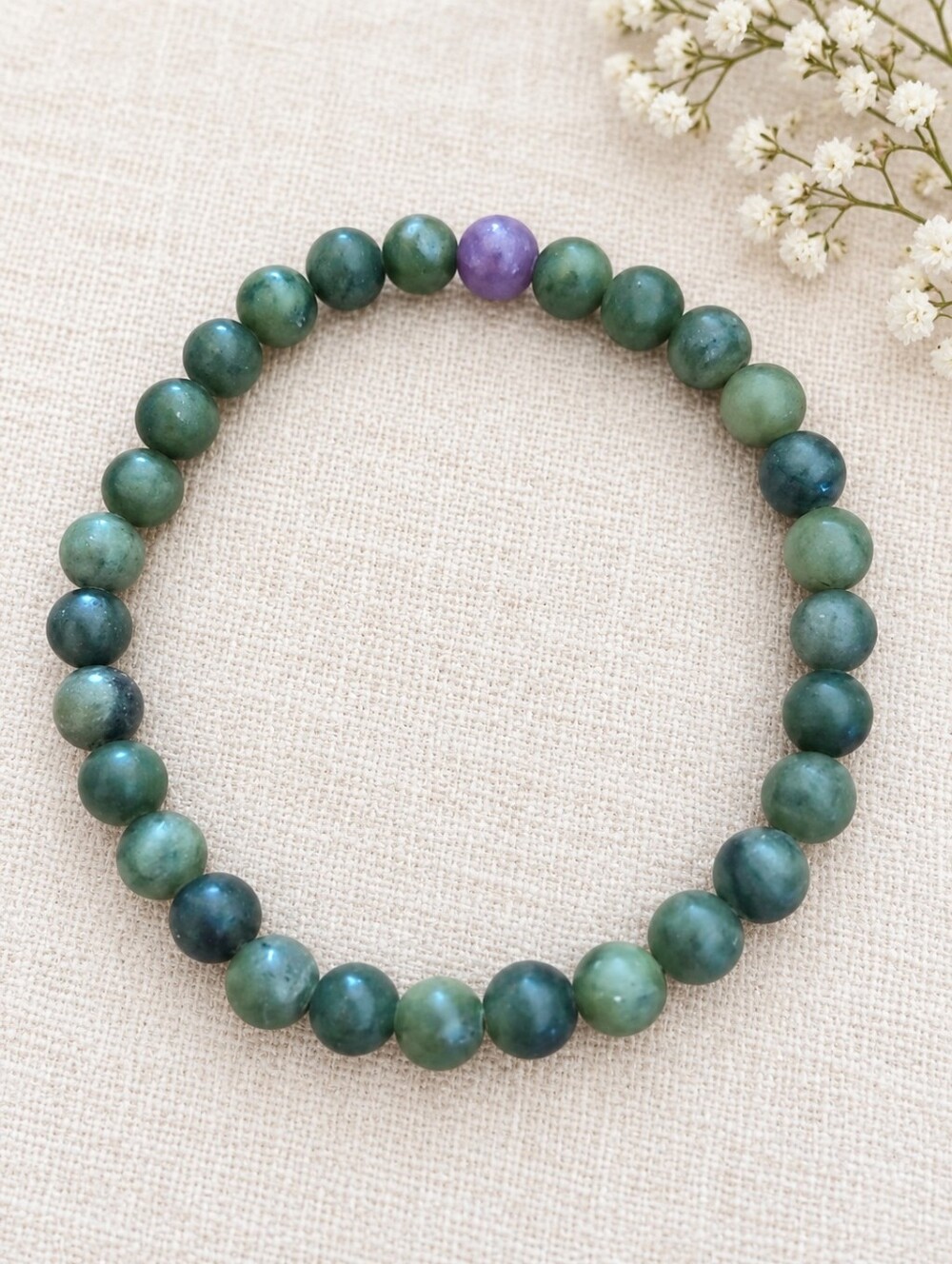 Green Jade & Lepidolite Beaded Stretch Bracelet | Handmade